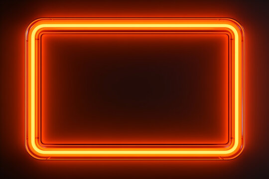 neon rectangular frame with rounded edges dimly glowing with orange light on a dark background