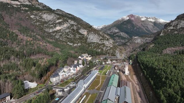 International Tran Station in Pyrenees. Canfranc Estaci&oacute;n, Spain. Aerial drone footage of railway located on the French border. Royal Hideaway Hotel