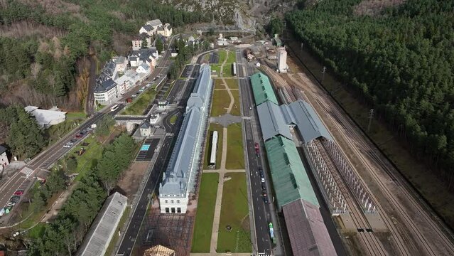 International Tran Station in Pyrenees. Canfranc Estaci&oacute;n, Spain. Aerial drone footage of railway located on the French border. Royal Hideaway Hotel