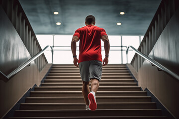 man sport running up staircase while exercising, red sneakers, back view