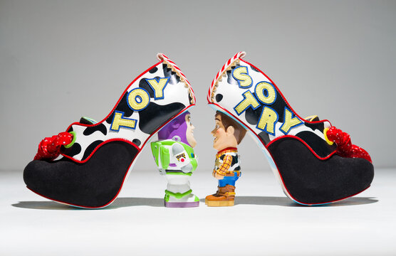 kent, uk 01.01.2023 Irregular Choice Toy Story, You got a friend In me,  Character high Heel Shoes. Famous iconic pixar toy story animation movie merchandise. Buzz light year and woody.