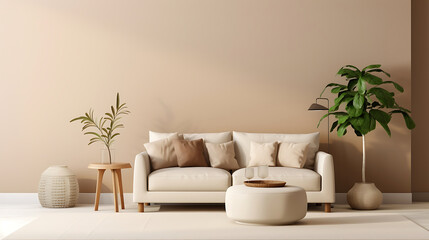 Living room interior with a beige sofa, coffee table and pampas grass. 3d render
