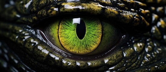 Closeup view of alligator or crocodile eyes. - obrazy, fototapety, plakaty