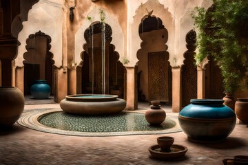 Fototapeta na wymiar Fountain and two huge jars decorate the courtyard