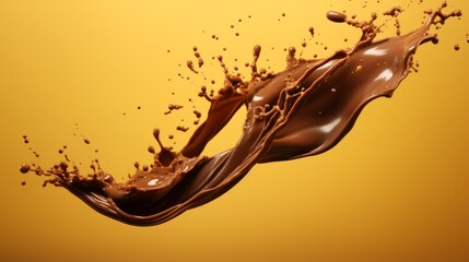 Chocolate splash on yellow background. Chocolate milk splash and drops. Brown Liquid