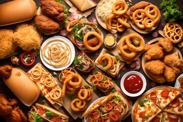 Fast food collection isolated on white background. onion rings, sandwich, fried chicken, pizza...