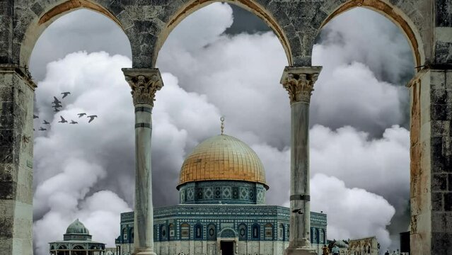 

The Dome of the Rock in the Old City of Jerusalem, an Islamic shrine on the Temple Mount in Jerusalem, Israel. War in Israel and Gaza. War in GAZA Palestine. Hamas Israel War. War concept video.
