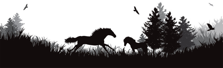 Vector silhouette of horse running in park. Symbol of nature and horse riding. - obrazy, fototapety, plakaty