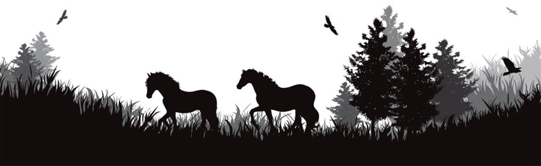 Vector silhouette of couple of horses running in park. Symbol of nature and horse riding. - 693517643