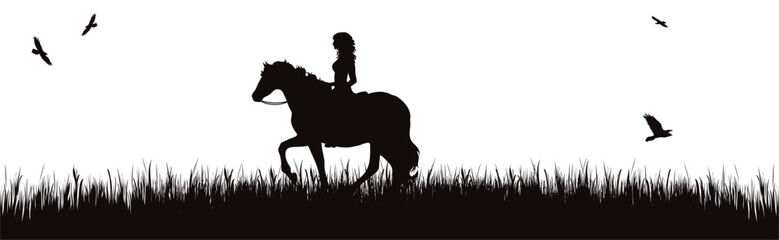 Vector silhouette of woman with her horse in park. Symbol of nature and horse riding. - 693517648