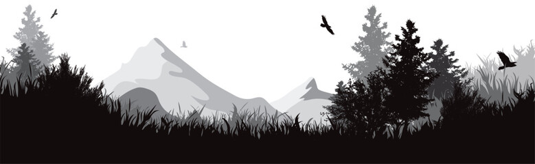 Vector illustration of a forest with mountains in the background. Symbol of nature and wild. - 693517664