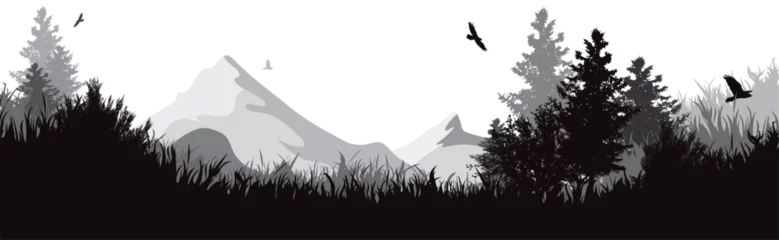 Vector illustration of a forest with mountains in the background. Symbol of nature and wild. © majivecka
