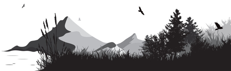 Vector illustration of a forest with lake and mountains in the background. Symbol of nature and wild.