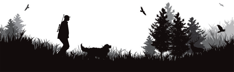 Vector silhouette of hunter with his dog in forest. Symbol of hunting and nature. - 693517866