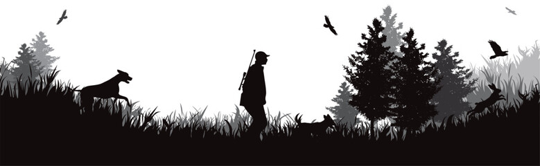Vector silhouette of hunter with his dogs in forest. Symbol of hunting and nature. - 693517878