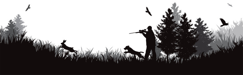 Vector silhouette of hunter with his dog in forest. Symbol of hunting and nature. - obrazy, fototapety, plakaty