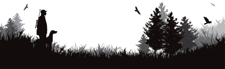 Vector silhouette of hunter with his dog in forest. Symbol of hunting and nature.