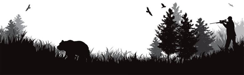 Vector silhouette of hunters in forest. Symbol of hunting and nature. - 693518012