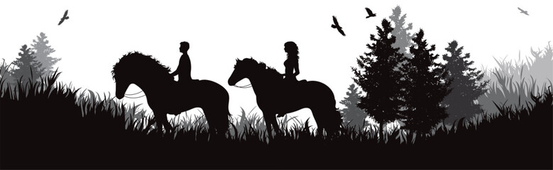 Vector silhouette of couple with their horses in park. Symbol of nature and horse riding.