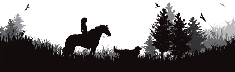 Vector silhouette of woman with her horse in park. Symbol of nature and horse riding. - 693518084