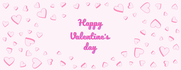 Fototapeta na wymiar Pastel pink banner happy Valentines day. Background with set vector creative cute simple hearts. Horizontal border with copy space. Suitable for email header, post in social networks, advertising