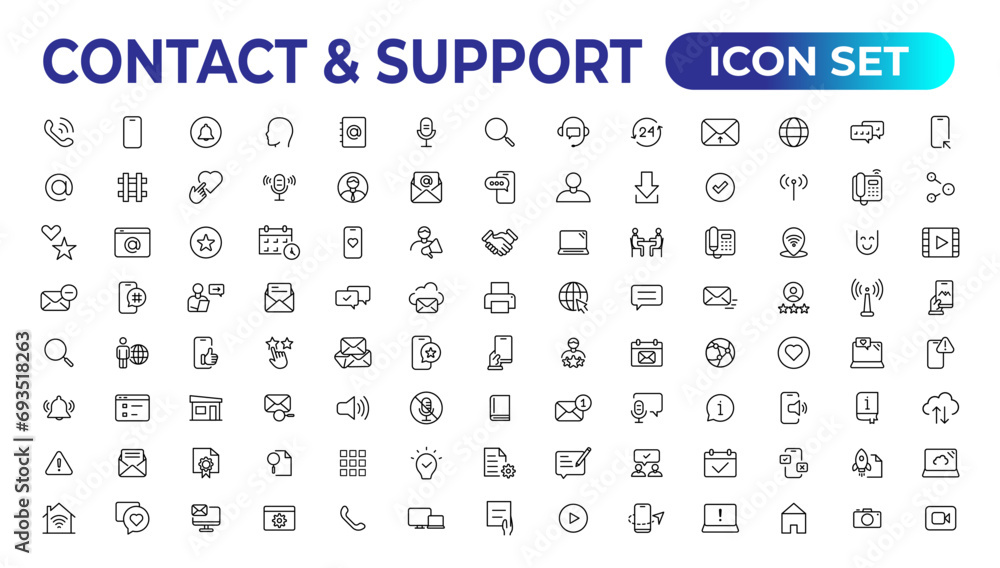 Poster contact and support web icons in line style. web and mobile icon. chat, support, message, phone. vec