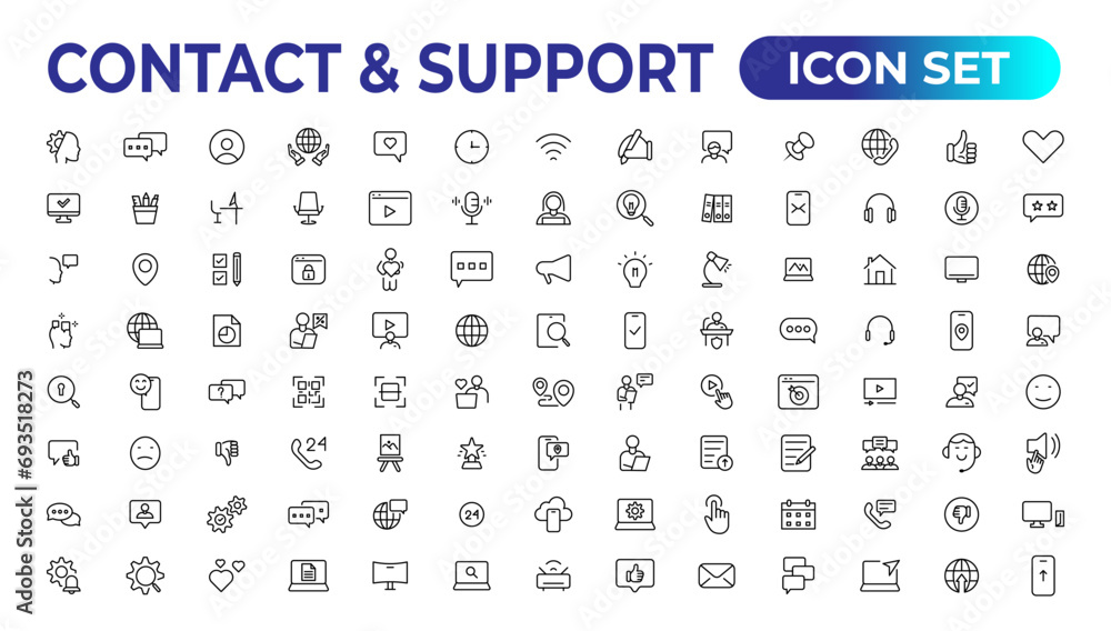 Poster contact and support web icons in line style. web and mobile icon. chat, support, message, phone. vec