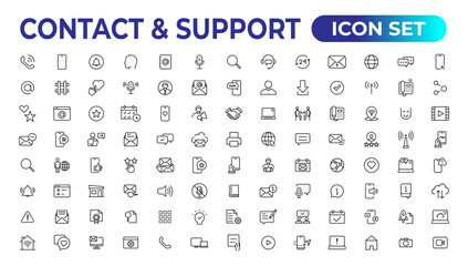 Contact and support web icons in line style. Web and mobile icon. Chat, support, message, phone. Vector illustration.