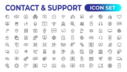Contact and support web icons in line style. Web and mobile icon. Chat, support, message, phone. Vector illustration.