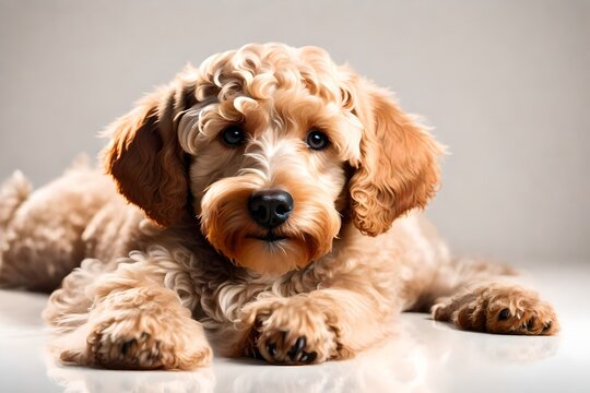Labradoodle dog puppy, laying down side ways, looking towards camera with shiny dark eyes
