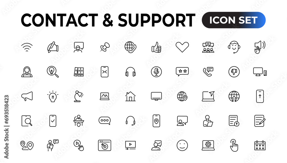 Poster contact and support web icons in line style. web and mobile icon. chat, support, message, phone. vec
