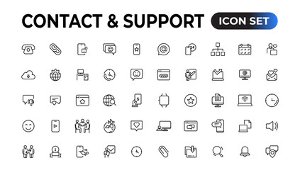Contact and support web icons in line style. Web and mobile icon. Chat, support, message, phone. Vector illustration.