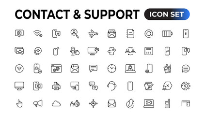 contact and communication icon. contact and support outline icon set. support and helpline line icon vector illustration. - obrazy, fototapety, plakaty
