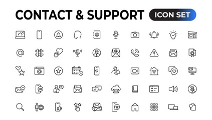 Contact and support web icons in line style. Web and mobile icon. Chat, support, message, phone. Vector illustration.