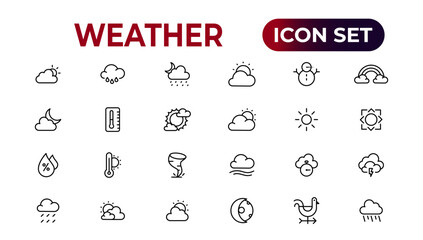 Weather icons. Weather forecast icon set. Clouds logo. Weather , clouds, sunny day, moon, snowflakes, wind, sun day. Vector illustration.