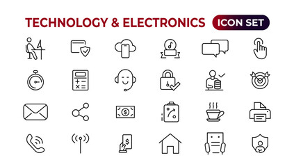 Technology and Electronics and Devices web icons in line style. Device, phone, laptop, communication, smartphone, ecommerce. Vector illustration.