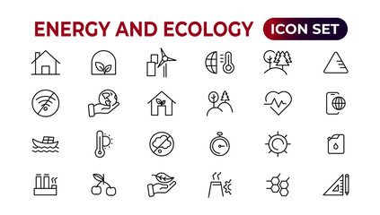 Energy and Ecology Line Editable Icons set. Vector illustration in modern thin line style of eco related icons: protection, planet care, natural recycling power. Pictograms and infographics.