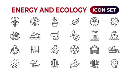 Energy and Ecology Line Editable Icons set. Vector illustration in modern thin line style of eco related icons: protection, planet care, natural recycling power. Pictograms and infographics.
