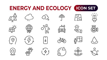 Energy and Ecology Line Editable Icons set. Vector illustration in modern thin line style of eco related icons: protection, planet care, natural recycling power. Pictograms and infographics.