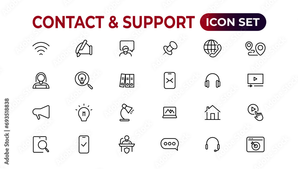 Poster contact and support web icons in line style. web and mobile icon. chat, support, message, phone. vec