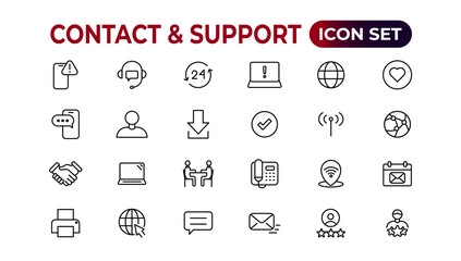 Contact and support web icons in line style. Web and mobile icon. Chat, support, message, phone. Vector illustration.