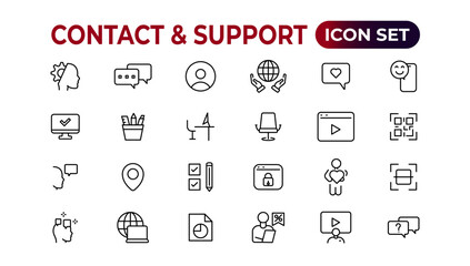 Fototapeta na wymiar Contact and support web icons in line style. Web and mobile icon. Chat, support, message, phone. Vector illustration.