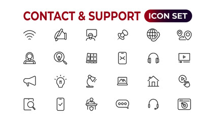 Contact and support web icons in line style. Web and mobile icon. Chat, support, message, phone. Vector illustration.