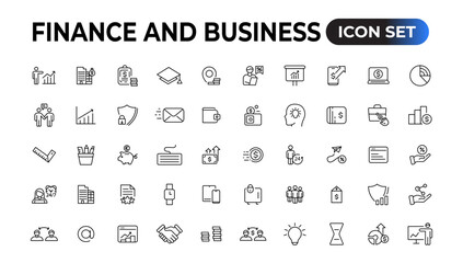 Finance and business line icons collection. Big UI icon set in a flat design. Thin outline icons pack. Vector illustration.