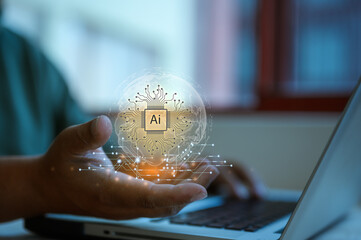 artificial intelligence AI technology and Digital transformation concept, hands holding virtual...