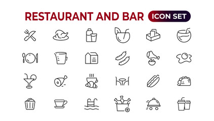Restaurant line icons collection. Food, service, bar, alcohol icons. UI icon set. Thin outline icons pack. Vector illustration.
