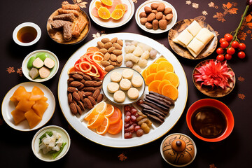 Concept picture for Chinese new year table set up and traditional Chinese dishes on red background with Chinese word means fortune. - obrazy, fototapety, plakaty