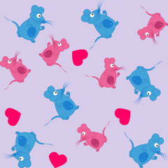 Gift wrapping paper, a couple of blue and pink mice with hearts - vector