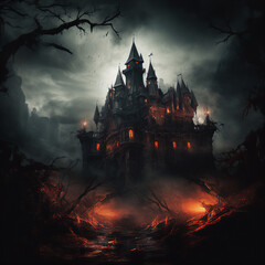 Hyper-Realistic Creepy Castle Poster with Strong Contrasts and Unsettling Emotions