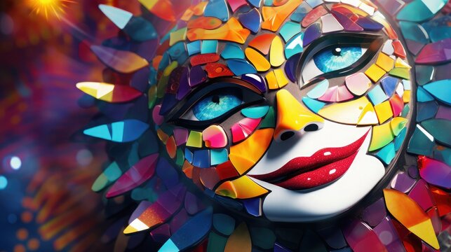 A colorful illustration shows a happy carnival, Macro Lenses, split lighting, mosaic style, 64K, high detail